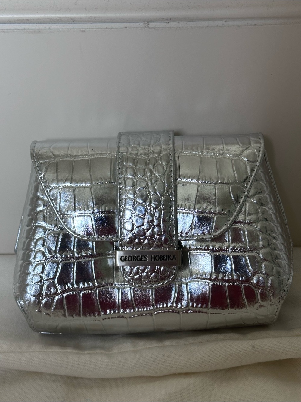 Georges Hobeika Silver Croc-Embossed Evening Clutch with Silver Chain